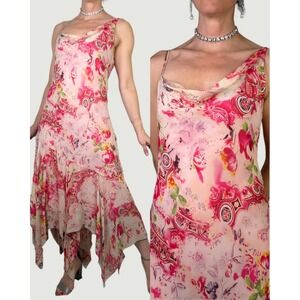 Lapis Silk Cowl Neck Asymmetrical Floral Print Midi Dress Vintage Y2K Abstract L